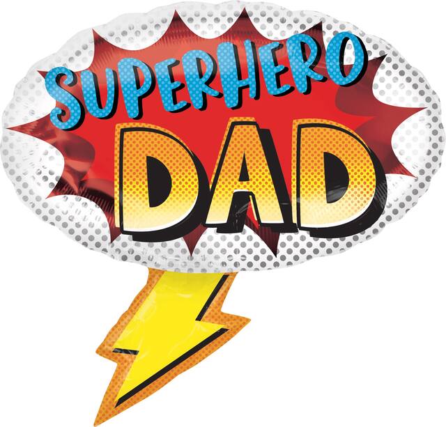 Ballon en aluminium satiné citation dessin animé Superhero Dad, rouge/jaune, 27 po, gonflement à l'hélium et ruban inclus, pour la fête des Pères Front_Flat