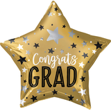 "Congrats Grad" 3D Star Satin Foil Balloon, Gold, 28-in, Helium Inflation & Ribbon Included for Graduation Front_Flat