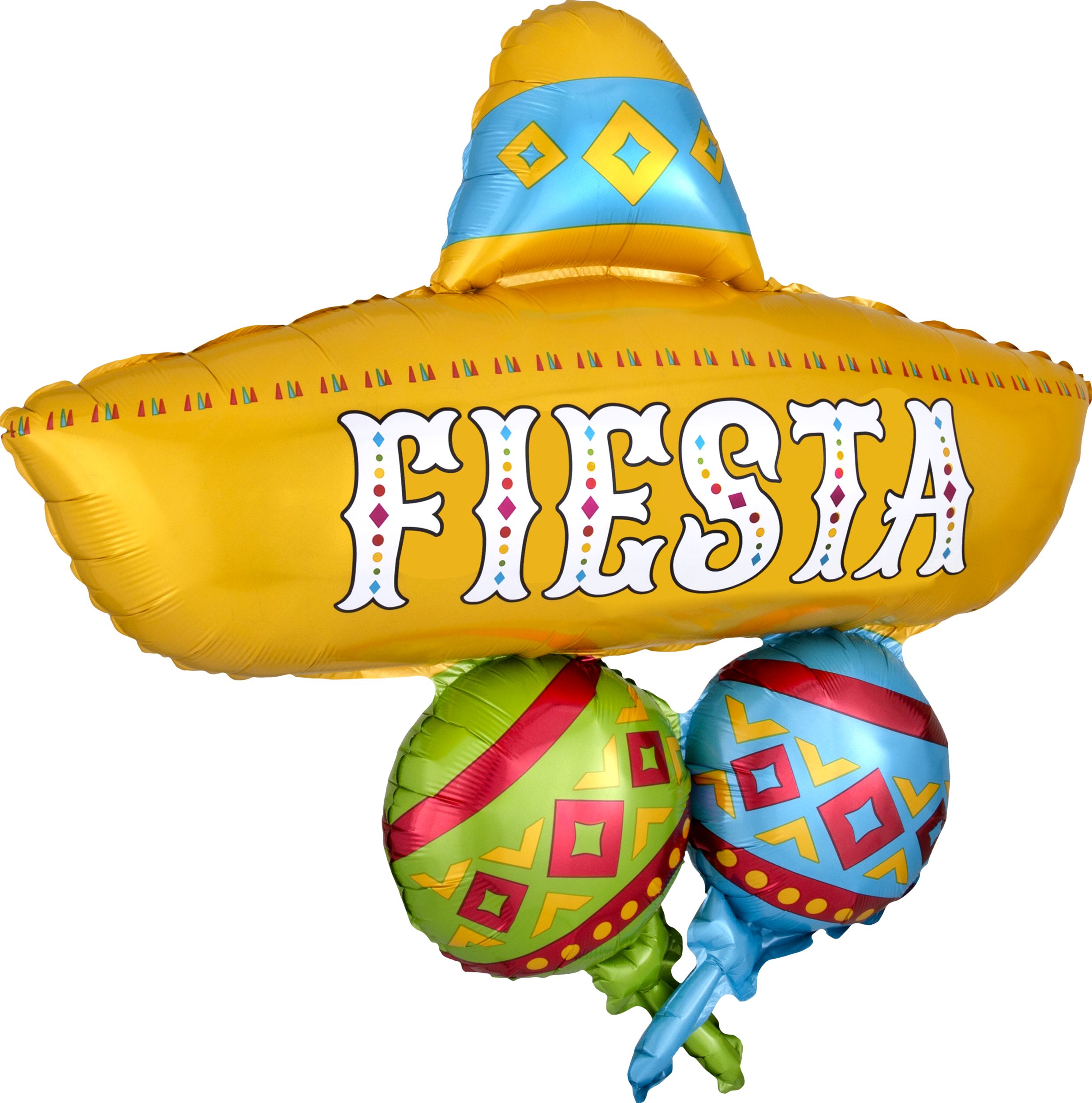 "Fiesta" Sombrero & Maracas Satin Foil Balloon, Yellow/Blue, 31-in, Helium Inflation & Ribbon Included for Fiesta/Cinco de Mayo Front_Angled_Right