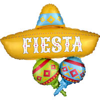 Ballon en aluminium satiné sombrero et maracas Fiesta, jaune/bleu, 31 po, gonflement à l'hélium et ruban inclus, pour fiesta/Cinco de Mayo Front_Flat
