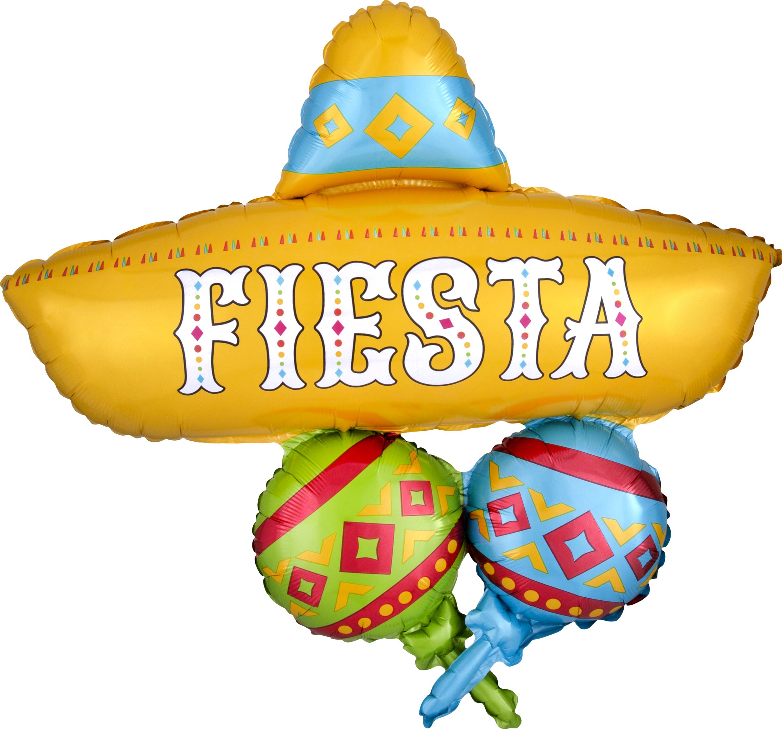 "Fiesta" Sombrero & Maracas Satin Foil Balloon, Yellow/Blue, 31-in, Helium Inflation & Ribbon Included for Fiesta/Cinco de Mayo Front_Flat