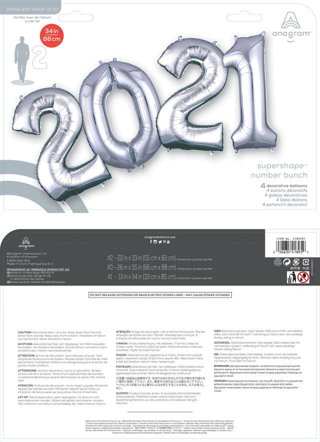 Giant 2021 Number Foil Balloon for New Year's/Graduation, Helium Inflation Included, Silver, 34-in Composite_or_Mixed