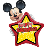 Disney Mickey Mouse "Happy Birthday" Star Satin Foil Balloon, Red/Yellow, 30-in, Helium Inflation & Ribbon Included for Birthday Party Front_Flat
