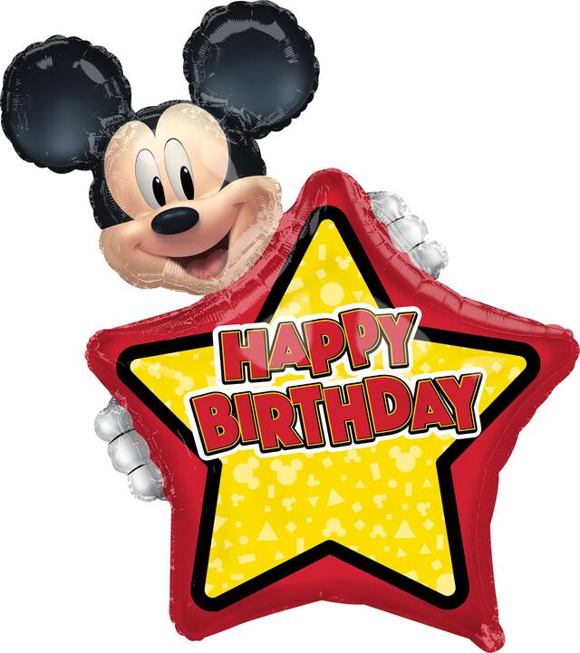 Disney Mickey Mouse "Happy Birthday" Star Satin Foil Balloon, Red/Yellow, 30-in, Helium Inflation & Ribbon Included for Birthday Party Front_Flat