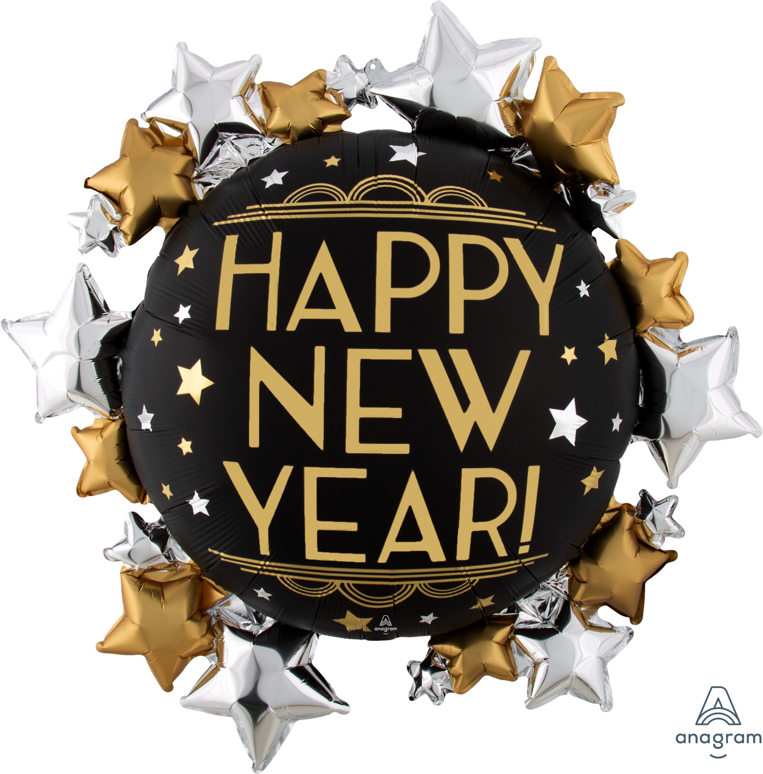 "Happy New Year" Round & Stars Satin Foil Balloon, Gold/Black, 30-in, Helium Inflation & Ribbon Included for New Year's Eve
