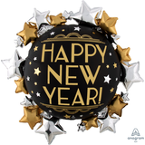 "Happy New Year" Round & Stars Satin Foil Balloon, Gold/Black, 30-in, Helium Inflation & Ribbon Included for New Year's Eve Front_Flat
