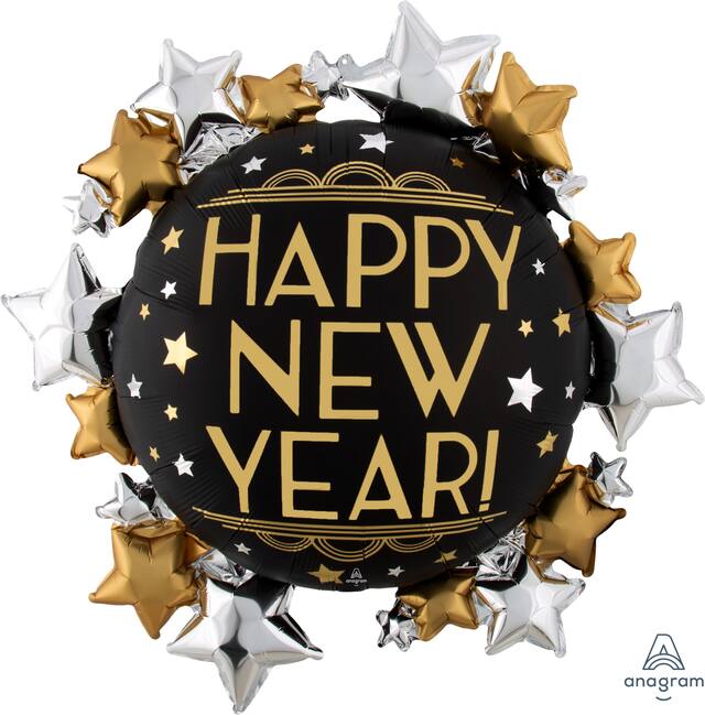 "Happy New Year" Round & Stars Satin Foil Balloon, Gold/Black, 30-in, Helium Inflation & Ribbon Included for New Year's Eve Front_Flat