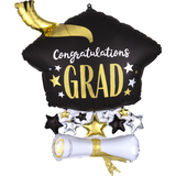 "Congratulations Grad" Graduation Cap Satin Foil Balloon, Black/Gold, 25-in, Helium Inflation & Ribbon Included for Graduation Front_Flat
