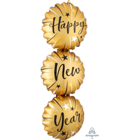 Ballon en aluminium satiné superposé rond Happy New Year, or/noir, 36 po, gonflement à l'hélium et ruban inclus, pour veille du jour de l'An Front_Flat