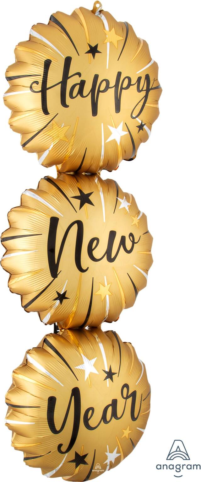 Ballon en aluminium satiné superposé rond Happy New Year, or/noir, 36 po, gonflement à l'hélium et ruban inclus, pour veille du jour de l'An Front_Flat