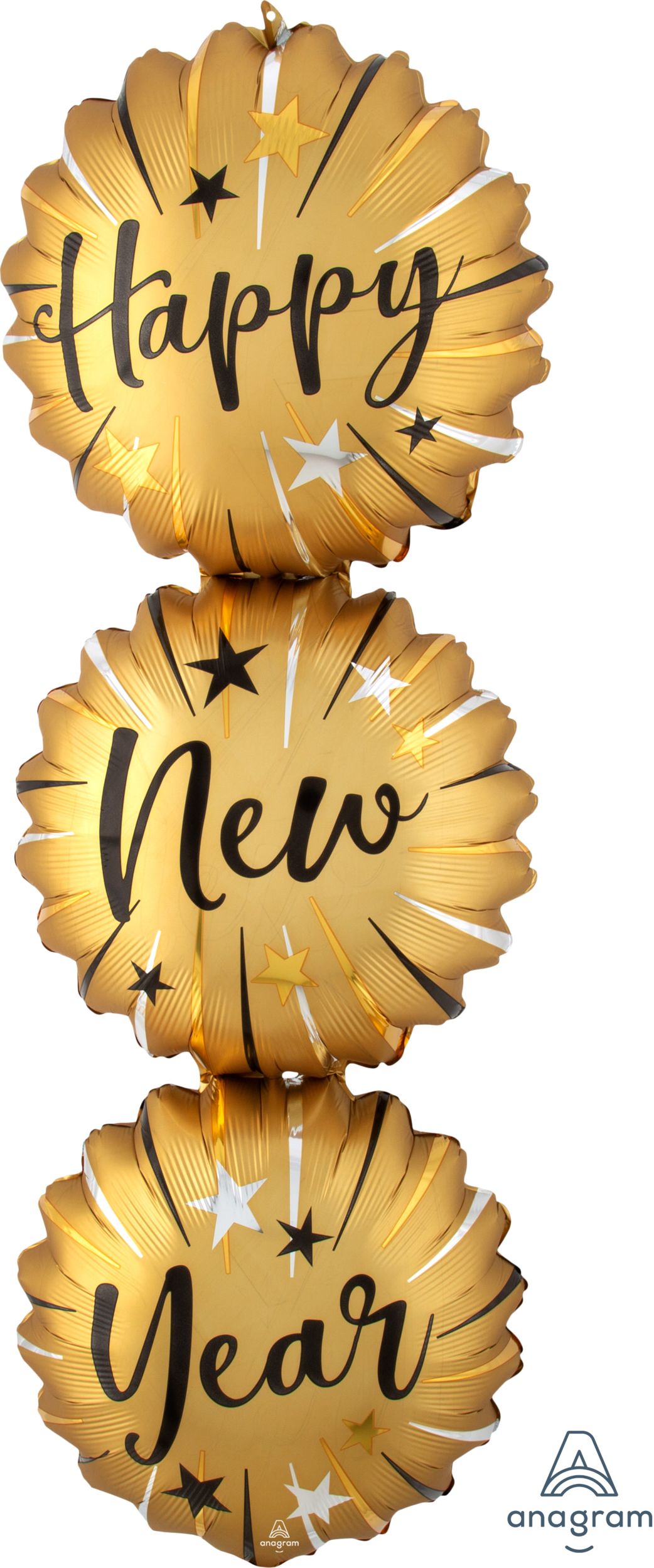 "Happy New Year" Round Satin Stacked Foil Balloon, Gold/Black, 36-in, Helium Inflation & Ribbon Included for New Year's Eve Front_Flat