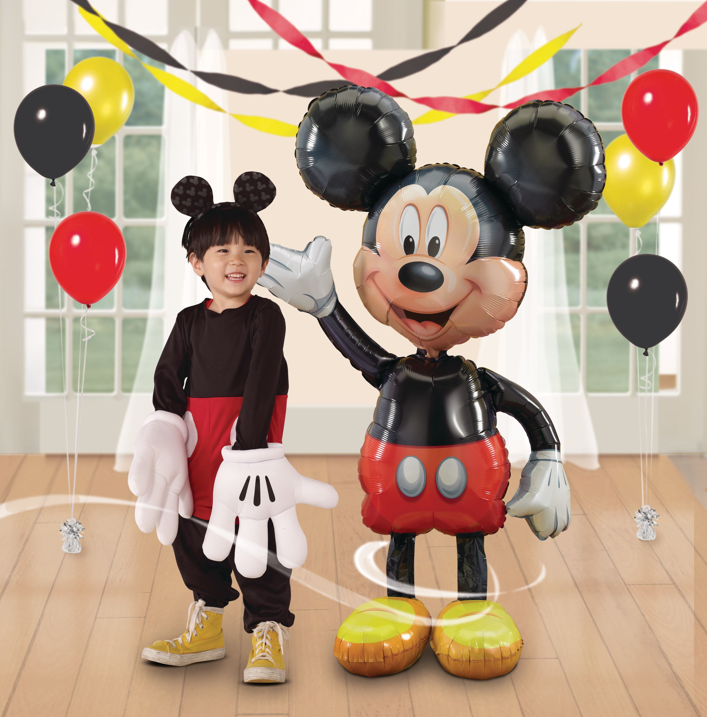 Disney Mickey Mouse Satin Giant Gliding Air-Walker Foil Balloon, Red/Black, 52-in, Helium Inflation & Ribbon Included for Birthday Party Composite_or_Mixed
