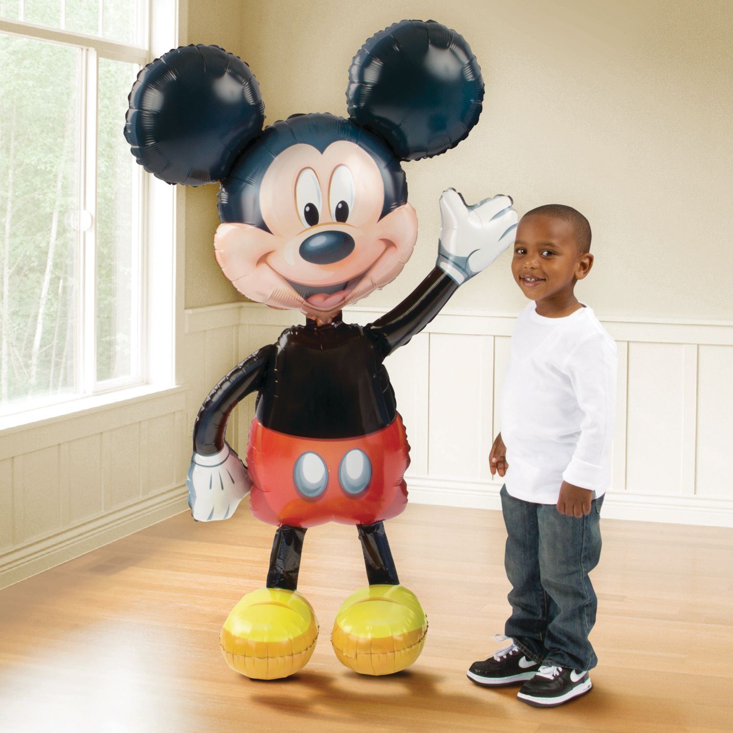 Disney Mickey Mouse Satin Giant Gliding Air-Walker Foil Balloon, Red/Black, 52-in, Helium Inflation & Ribbon Included for Birthday Party Front_Angled_Right