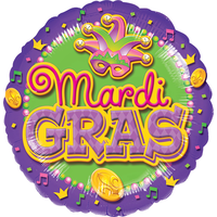 "Mardis Gras" Round Satin Foil Balloon, Green/Purple, 17-in, Helium Inflation & Ribbon Included for Mardis Gras Front_Flat