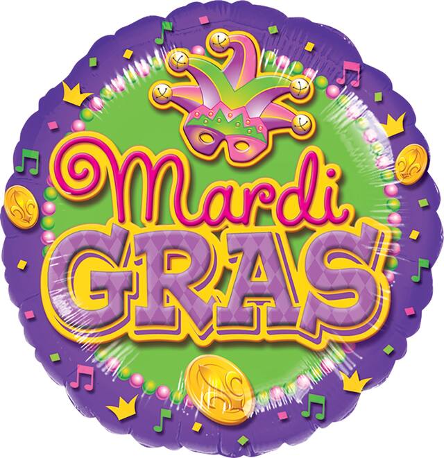 Ballon en aluminium satiné rond Mardi Gras, vert/violet, 17 po, gonflement à l'hélium et ruban inclus, pour Mardi Gras Front_Flat