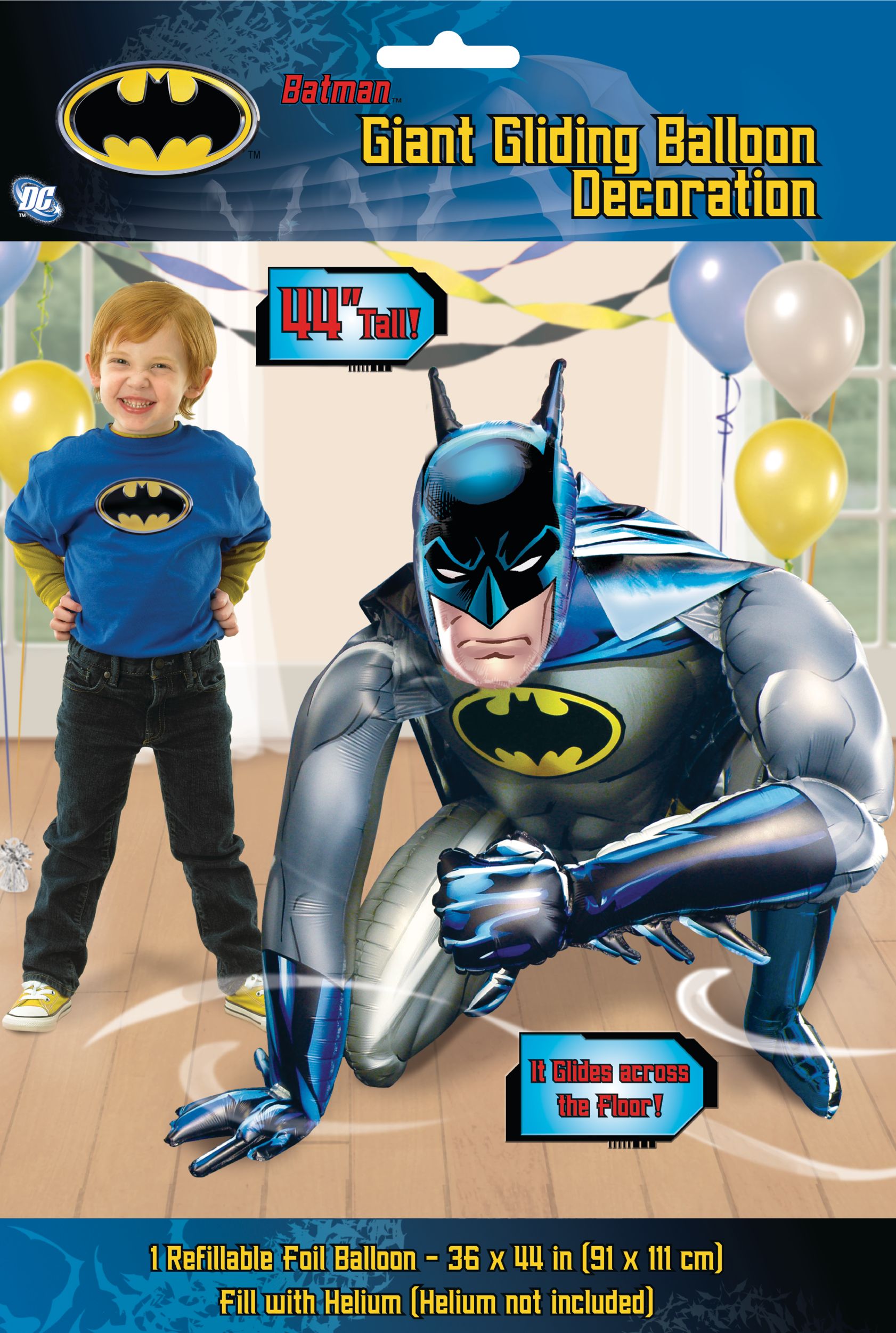 DC Batman Satin Giant Gliding Air-Walker Foil Balloon, Silver/Blue, 44-in, Helium Inflation & Ribbon Included for Birthday Party Front_Flat