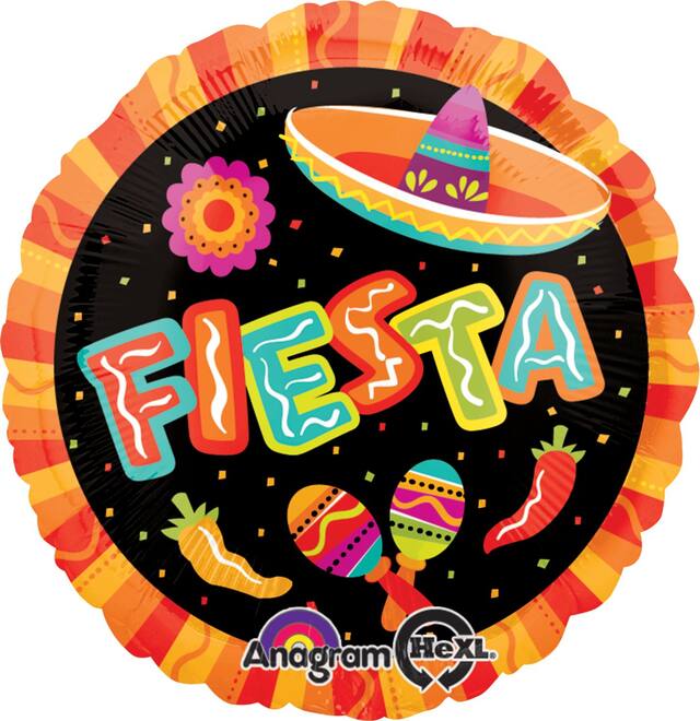 "Fiesta" Round Satin Foil Balloon, Black/Orange, 17-in, Helium Inflation & Ribbon Included for Fiesta/Cinco de Mayo Front_Flat