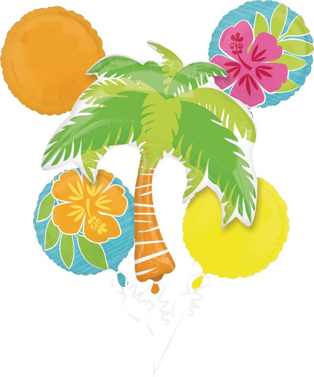 Palm Tree/Hibiscus Flowers/Round  Satin Foil Balloon Bouquet, Green/Yellow/Orange, 5-pk, Helium Inflation & Ribbon Included for Summer/Luau/Tiki Front_Flat