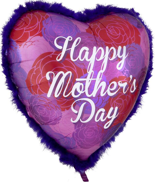 Mother's Day Heart Foil Balloon with Feather Boa Trim, Helium Inflation Included, Pink/Red/Purple, 32-in Front_Angled_Right