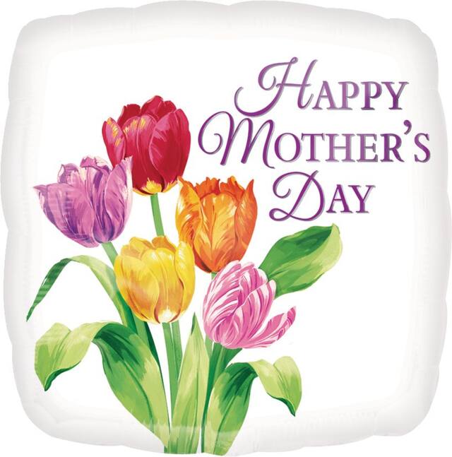 "Happy Mother's Day" Square Satin Foil Balloon, White/Multi-Coloured, Floral, 17-in, Helium Inflation & Ribbon Included for Mother's Day Front_Flat