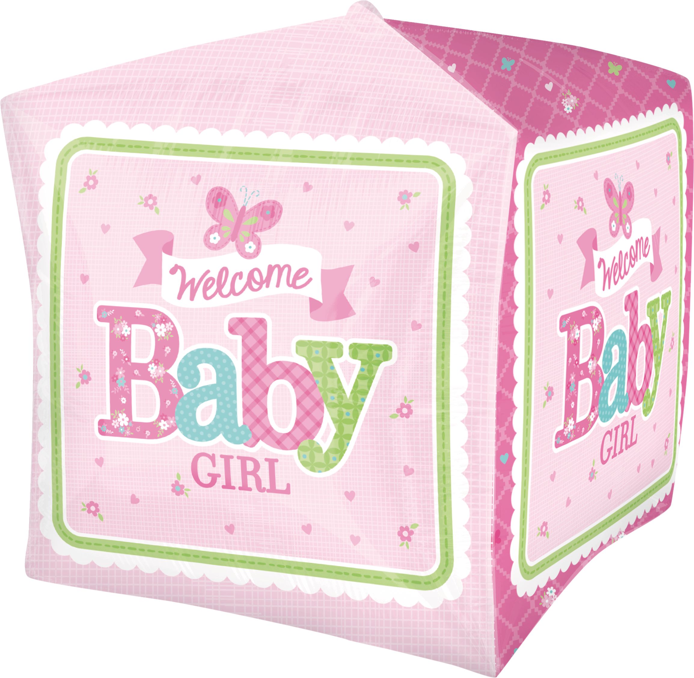 Cubez Welcome Baby Girl Foil Balloon for Baby Shower, Helium Inflation Included, Pink, 15-in x 15-in Front_Angled_Right