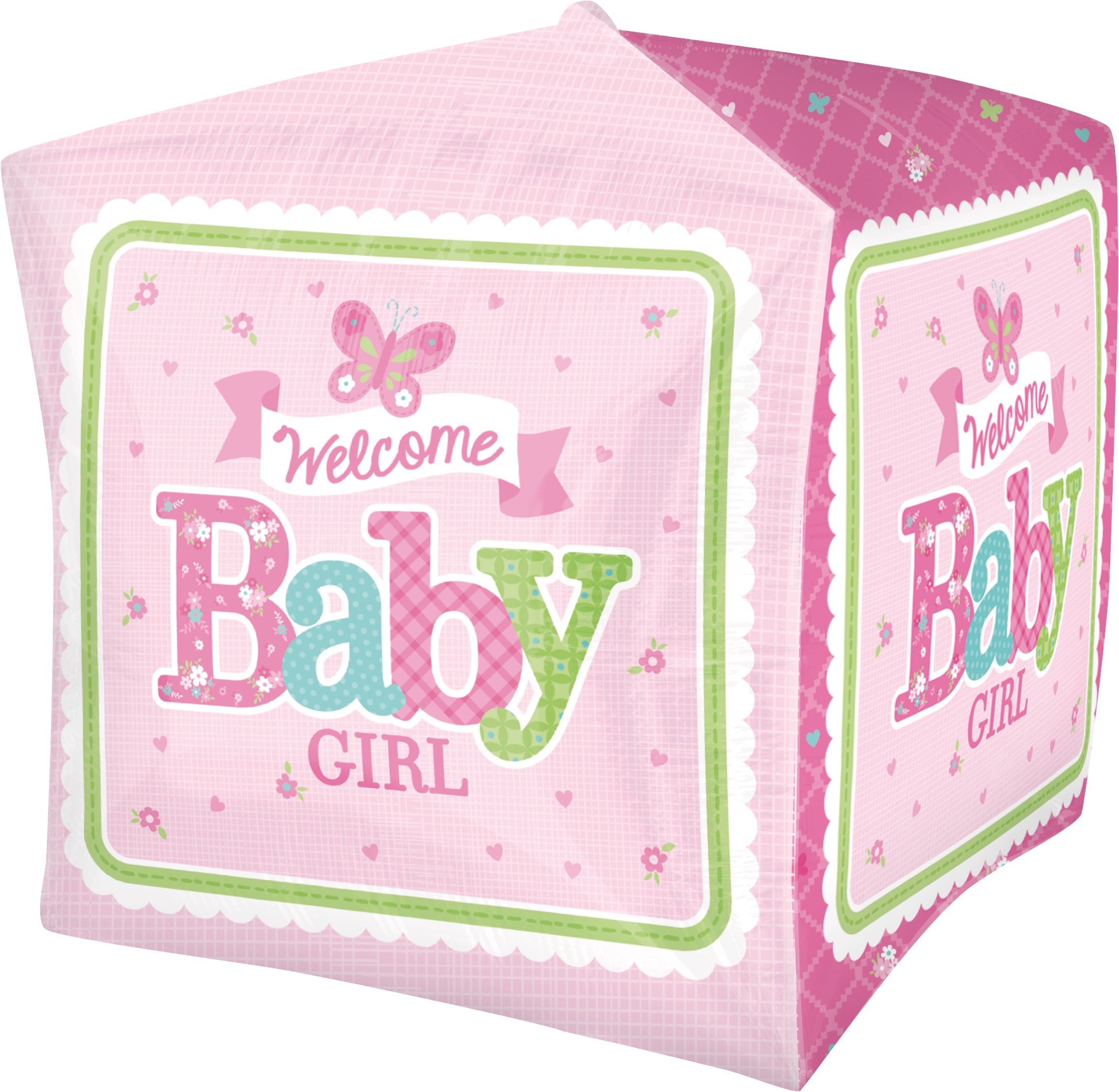 Cubez Welcome Baby Girl Foil Balloon for Baby Shower, Helium Inflation Included, Pink, 15-in x 15-in Front_Angled_Right