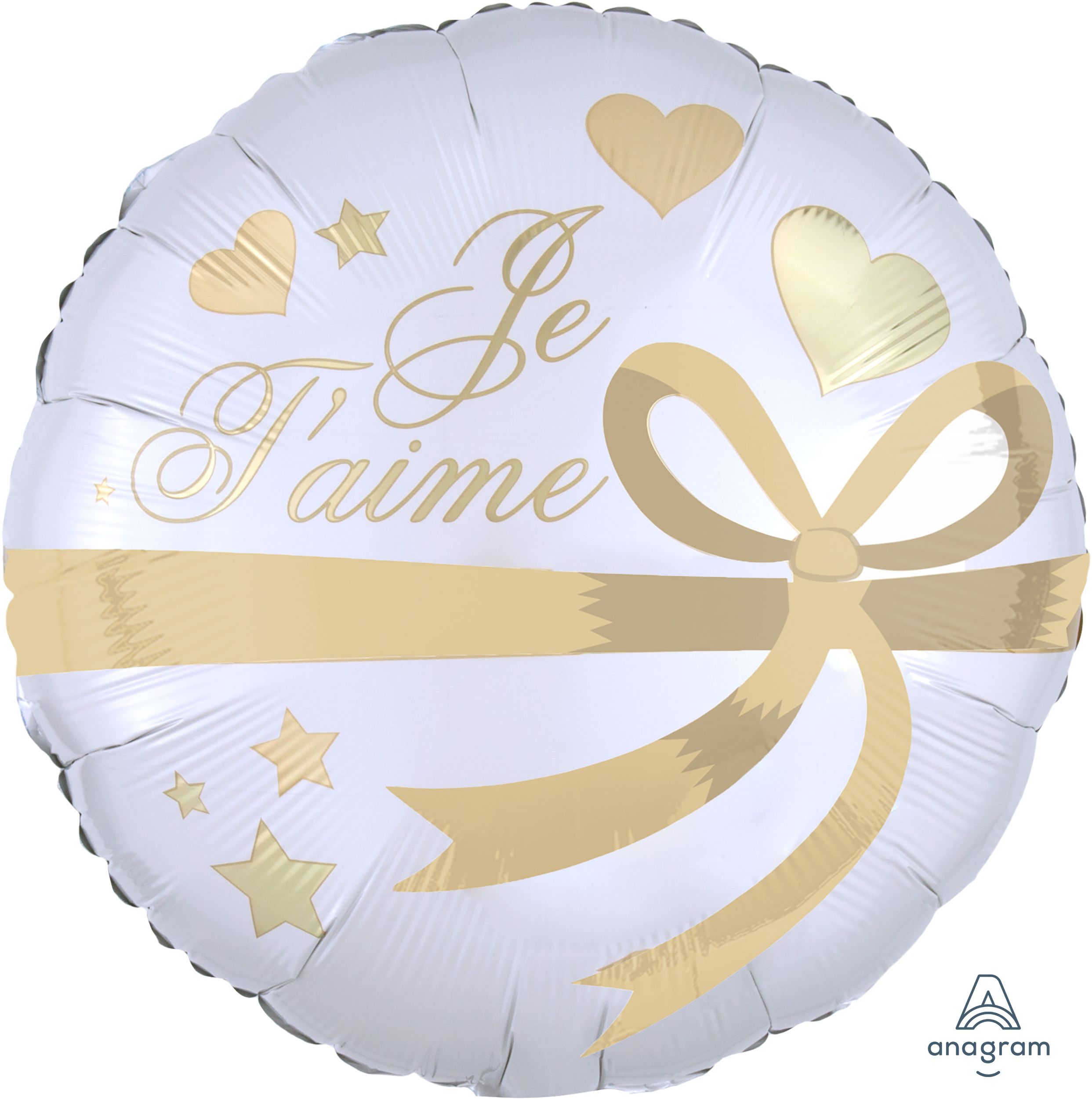 "Je T'aime" French Round Satin Foil Balloon, White/Gold, Heart, 17-in, Helium Inflation & Ribbon Included for Valentine's Day/Anniversary Front_Flat