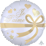 "Je T'aime" French Round Satin Foil Balloon, White/Gold, Heart, 17-in, Helium Inflation & Ribbon Included for Valentine's Day/Anniversary Front_Flat