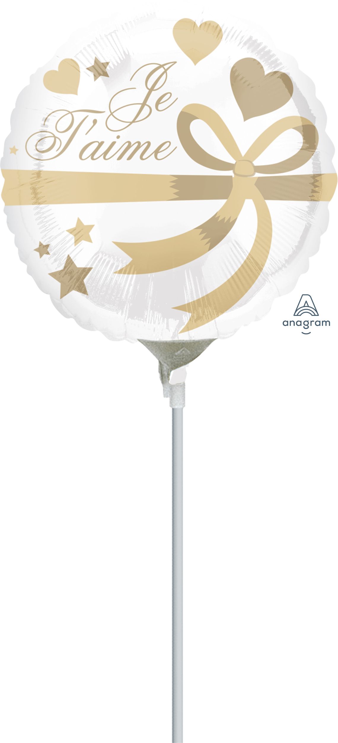 Ballon en aluminium satiné rond français Je T'aime, blanc/or, coeur, 18 po, gonflement à l'hélium et ruban inclus, pour Saint-Valentin/anniversaire Front_Flat