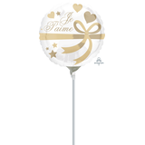 Ballon en aluminium satiné rond français Je T'aime, blanc/or, coeur, 18 po, gonflement à l'hélium et ruban inclus, pour Saint-Valentin/anniversaire Front_Flat