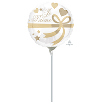 "Je T'aime" French Round Satin Foil Balloon, White/Gold, Heart, 18-in, Helium Inflation & Ribbon Included for Valentine's Day/Anniversary Front_Flat