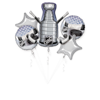 National Hockey League NHL Stanley Cup/Star Satin Foil Balloon Bouquet, Silver/Blue, 5-pk, Helium Inflation & Ribbon Included for Sports Party Front_Flat