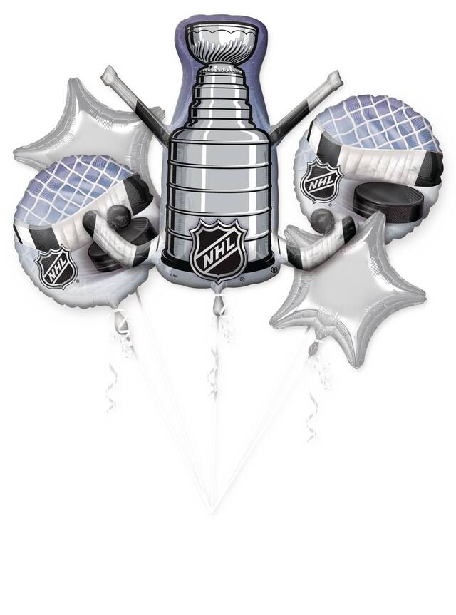 National Hockey League NHL Stanley Cup/Star Satin Foil Balloon Bouquet, Silver/Blue, 5-pk, Helium Inflation & Ribbon Included for Sports Party Front_Flat