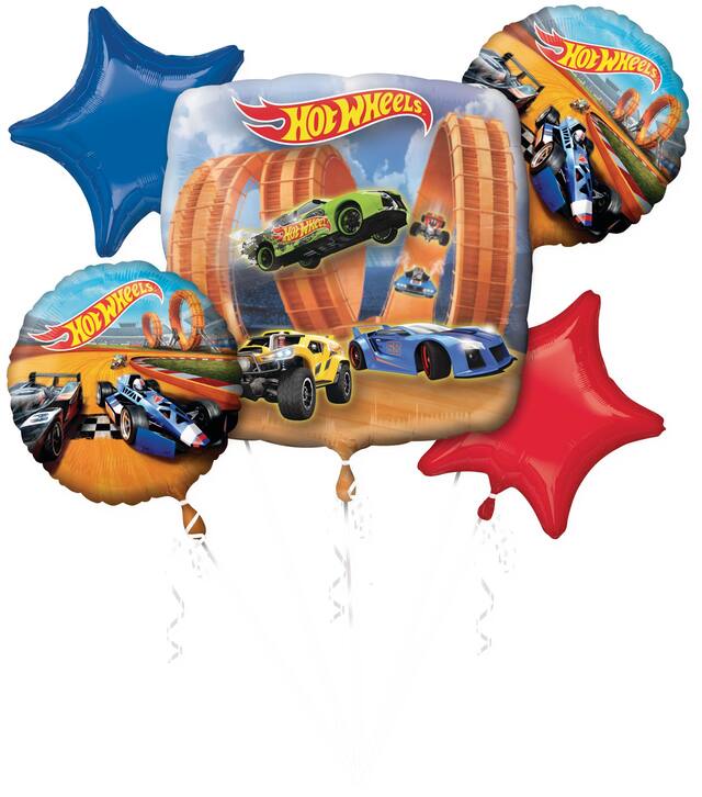 Mattel Hot Wheels Star/Round Satin Foil Balloon Bouquet, Brown/Blue, 5-pk, Helium Inflation & Ribbon Included for Birthday Party Front_Flat