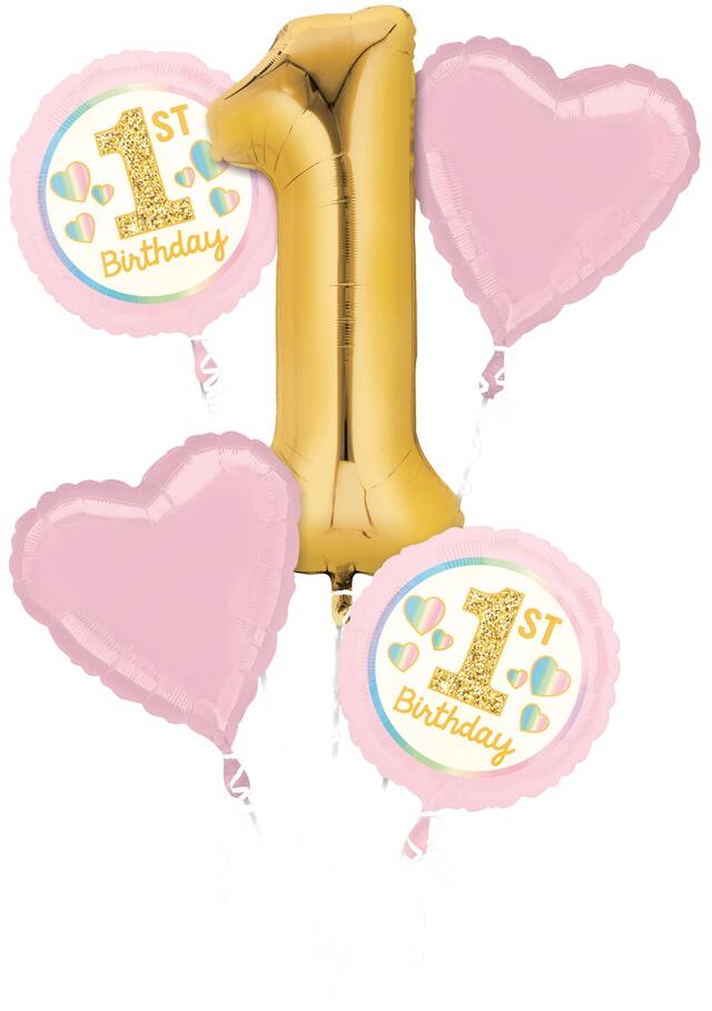 Bouquet de ballons en aluminium satiné coeur/rond 1st Birthday, or/rose, paq. 5, gonflement à l'hélium et ruban inclus, pour fête d'anniversaire Front_Flat