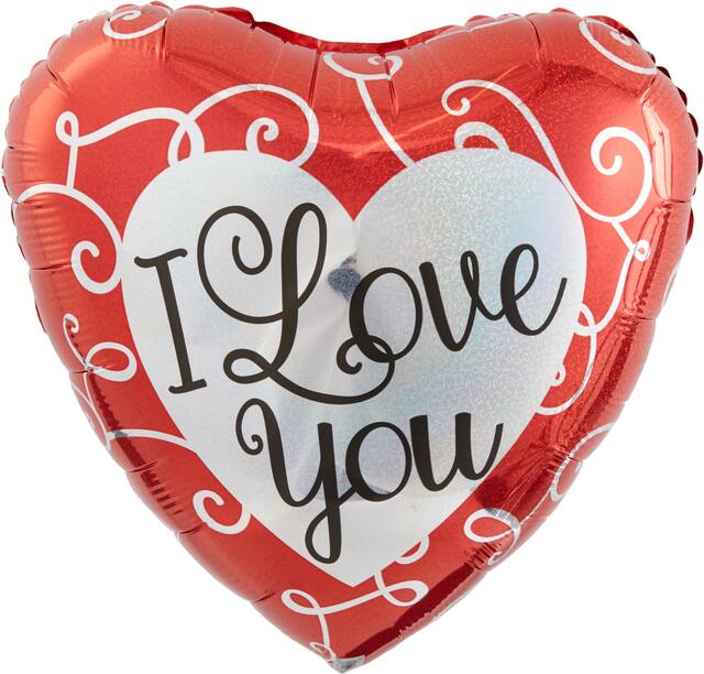 "I Love You" Heart Satin Foil Balloon, Red/Silver, 18-in, Helium Inflation & Ribbon Included for Valentine's Day/Anniversary Front_Flat