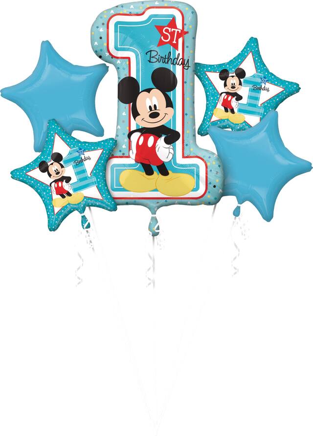 Disney Mickey Mouse "1st Birthday" Star Satin Foil Balloon Bouquet, Blue, 5-pk, Helium Inflation & Ribbon Included for Birthday Party Front_Flat