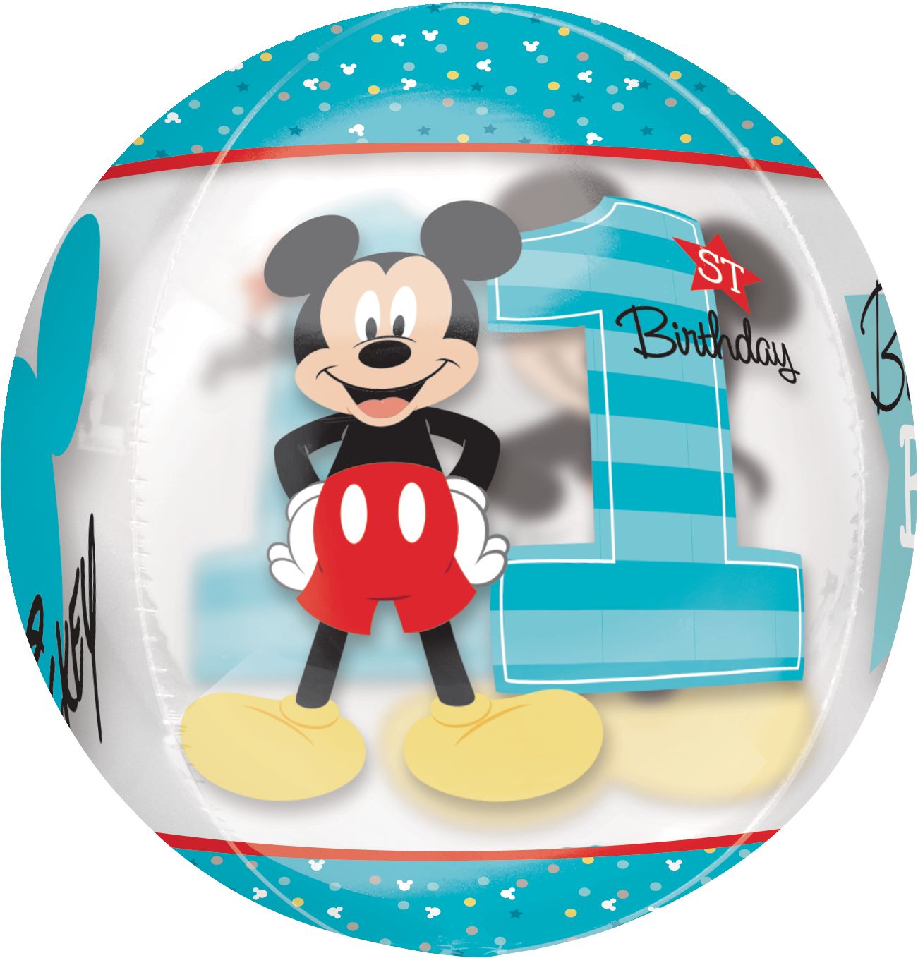 Disney Mickey Mouse "1st Birthday" Orbz Transparent Print Foil Balloon, Blue, 16-in, Helium Inflation & Ribbon Included for Birthday Party Front_Flat
