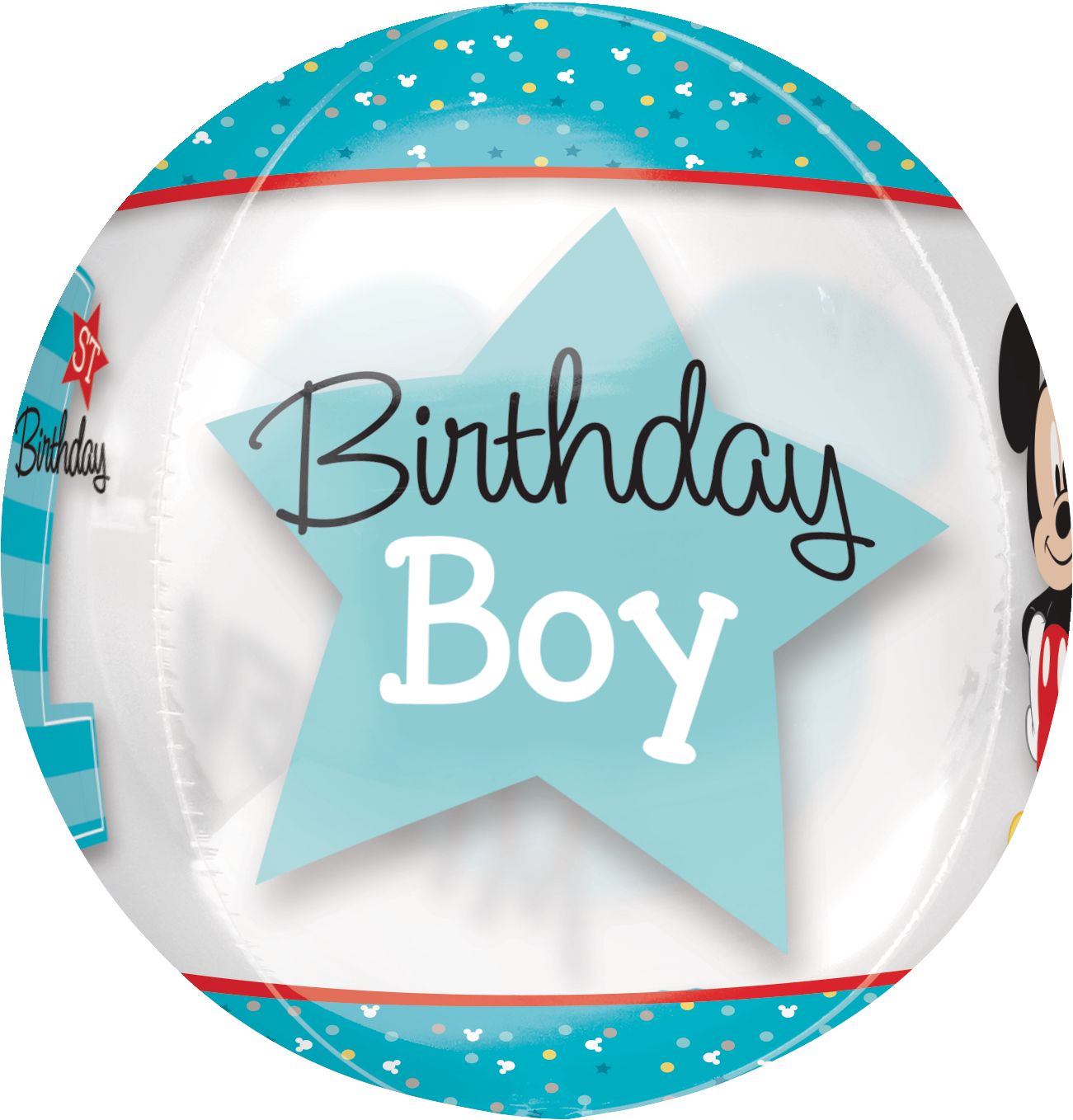 Disney Mickey Mouse "1st Birthday" Orbz Transparent Print Foil Balloon, Blue, 16-in, Helium Inflation & Ribbon Included for Birthday Party Front_Flat