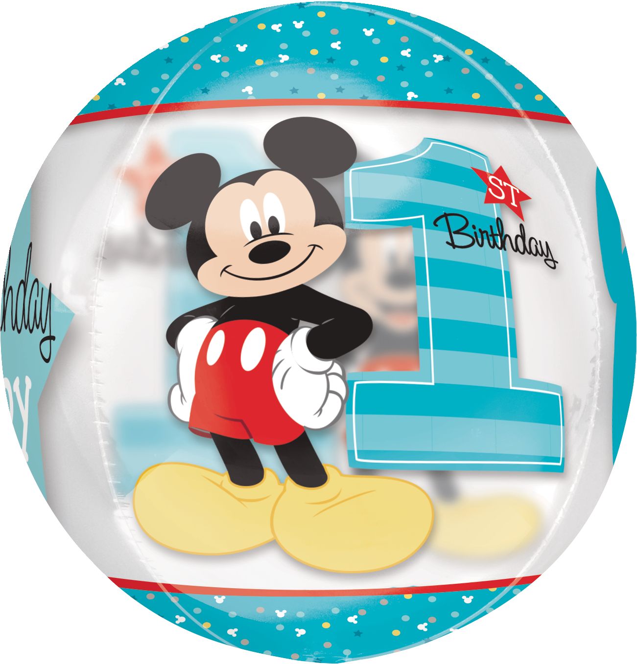 Disney Mickey Mouse "1st Birthday" Orbz Transparent Print Foil Balloon, Blue, 16-in, Helium Inflation & Ribbon Included for Birthday Party Front_Flat
