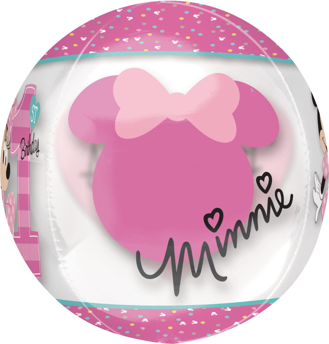 Disney Minnie Mouse "1st Birthday" Orbz Transparent Print Foil Balloon, Pink, 18-in, Helium Inflation & Ribbon Included for Birthday Party Front_Flat