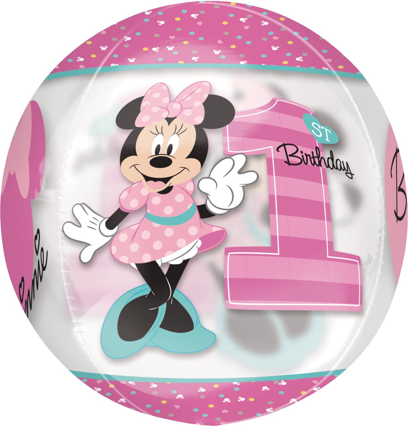 Disney Minnie Mouse "1st Birthday" Orbz Transparent Print Foil Balloon, Pink, 18-in, Helium Inflation & Ribbon Included for Birthday Party Front_Flat