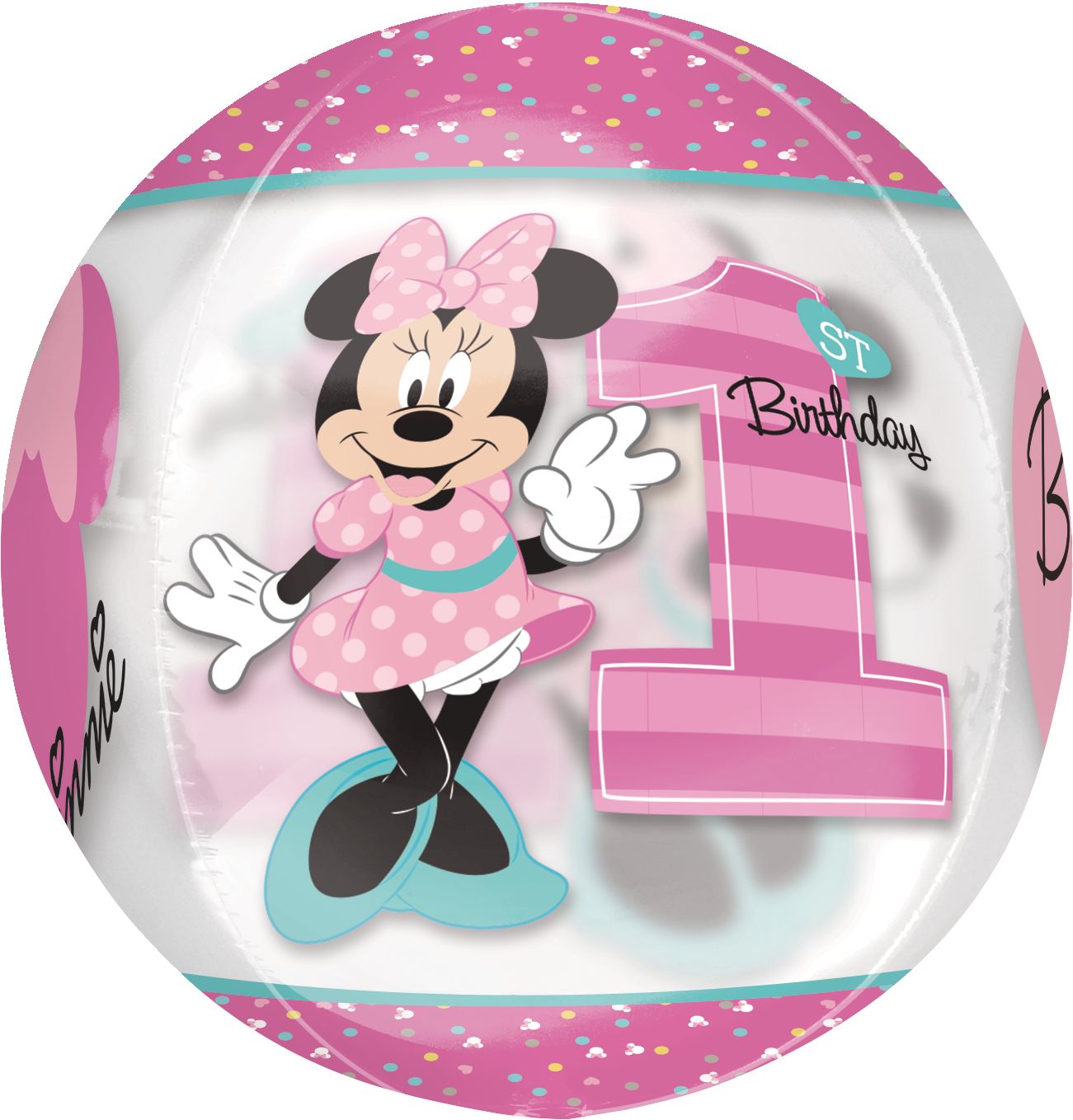 Disney Minnie Mouse 1st Birthday Orbz Transparent Print Foil Balloon,  Pink, 18-in, Helium Inflation & Ribbon Included for Birthday Party