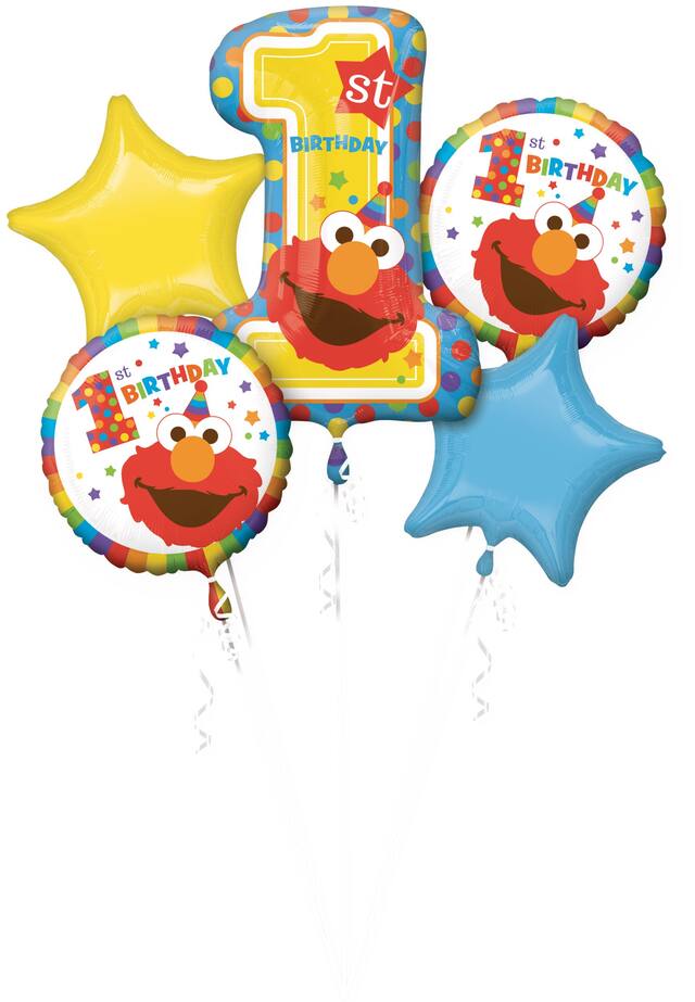 Bouquet de ballons en aluminium pour 1er&nbsp;anniversaire Sesame Street Elmo, gonflage à l’hélium inclus, 5&nbsp;pièces Front_Flat