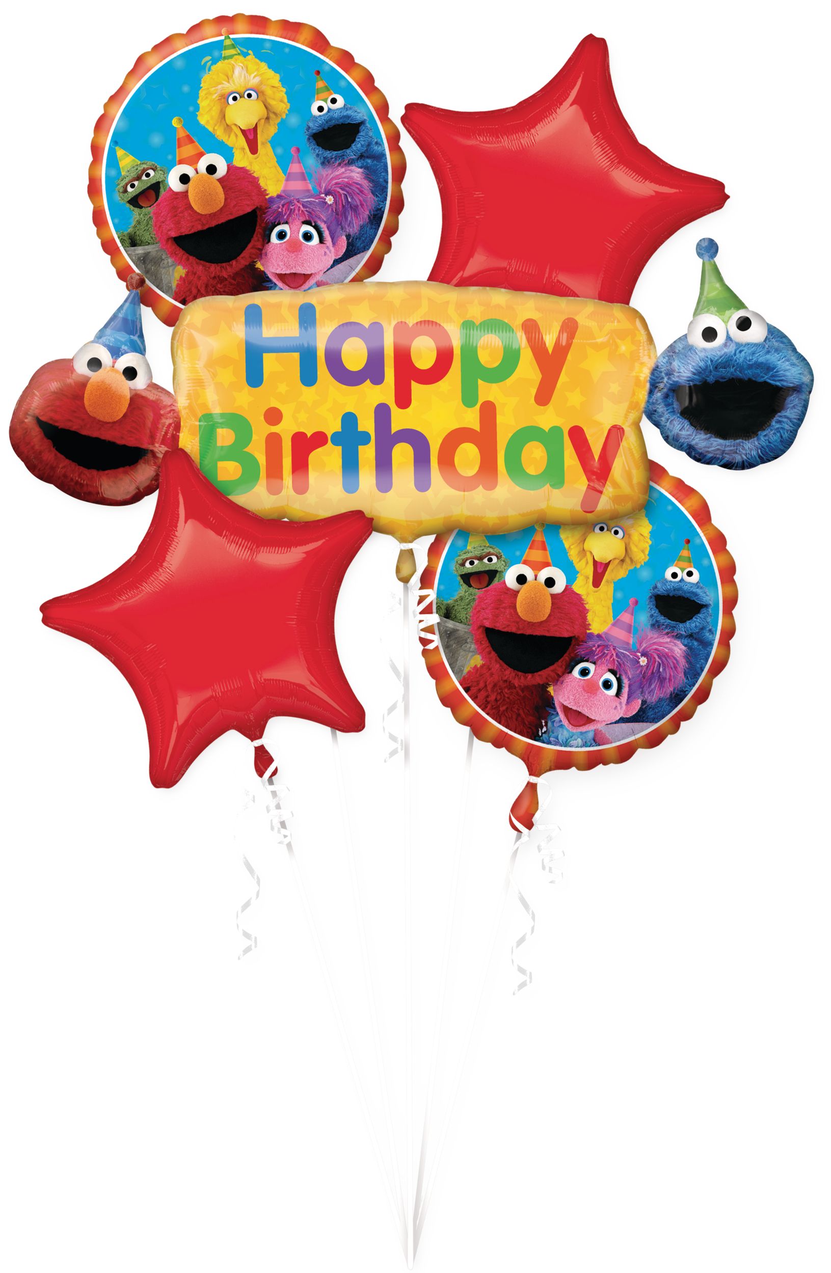 Bouquets de ballons en aluminium satiné étoile/rond Sesame Street Happy Birthday, rouge/jaune, paq. 5, gonflement à l'hélium et ruban inclus, pour fête d'anniversaire Front_Flat