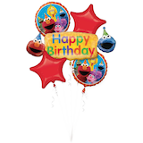 Sesame Street "Happy Birthday" Star/Round Satin Foil Balloon Bouquet, Red/Yellow, 5-pk, Helium Inflation & Ribbon Included for Birthday Party Front_Flat