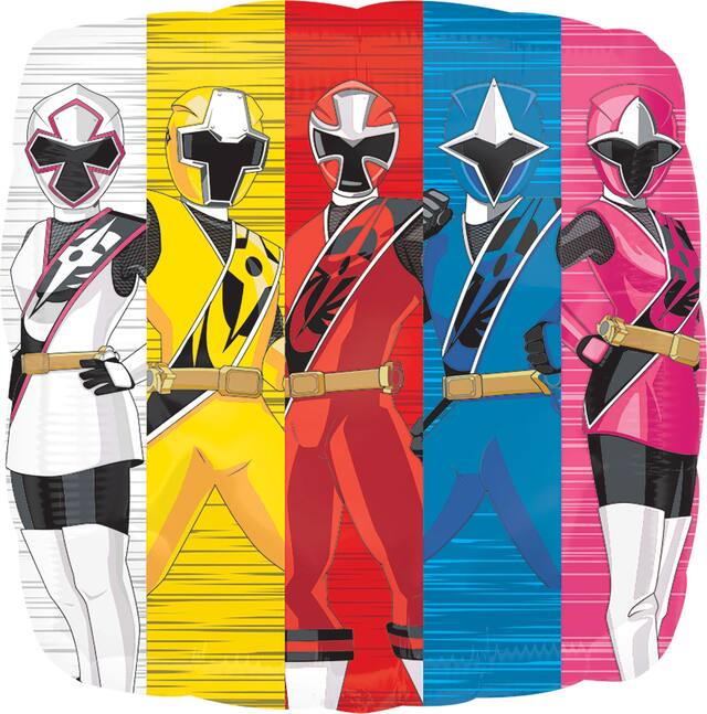 Power Rangers Square Satin Foil Balloon, White/Yellow/Red/Blue/Pink, 17-in, Helium Inflation & Ribbon Included for Birthday Party Front_Flat