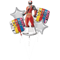 Power Rangers Ninja Steel Red Ranger Foil Balloon Bouquet for Birthday Party, Helium Inflation Included, 5-pc Front_Flat