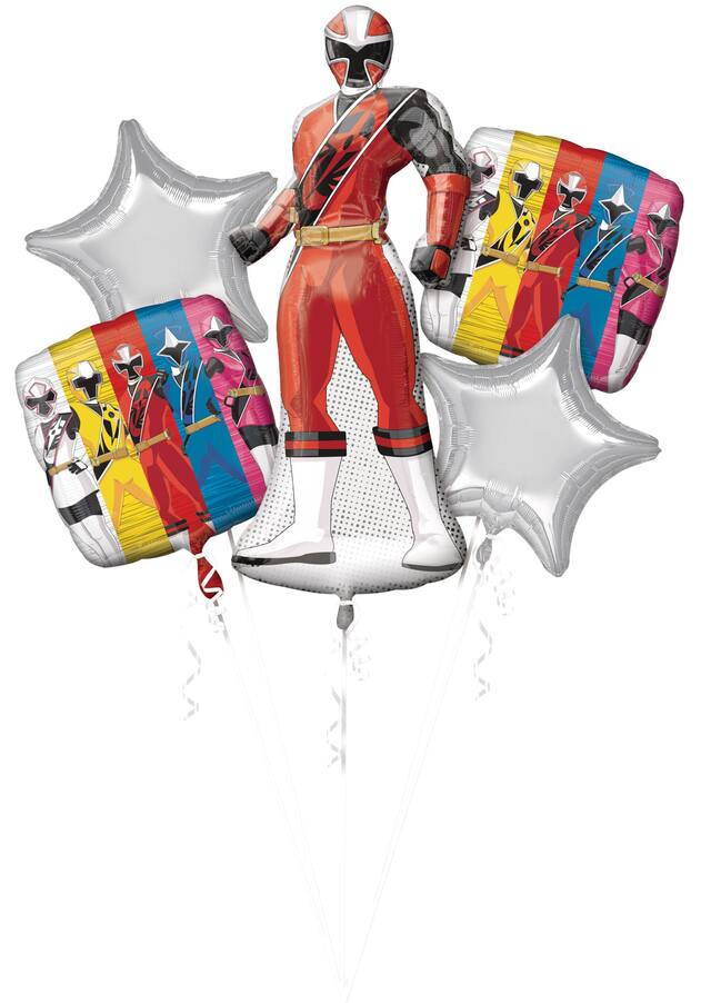 Power Rangers Ninja Steel Red Ranger Foil Balloon Bouquet for Birthday Party, Helium Inflation Included, 5-pc Front_Flat