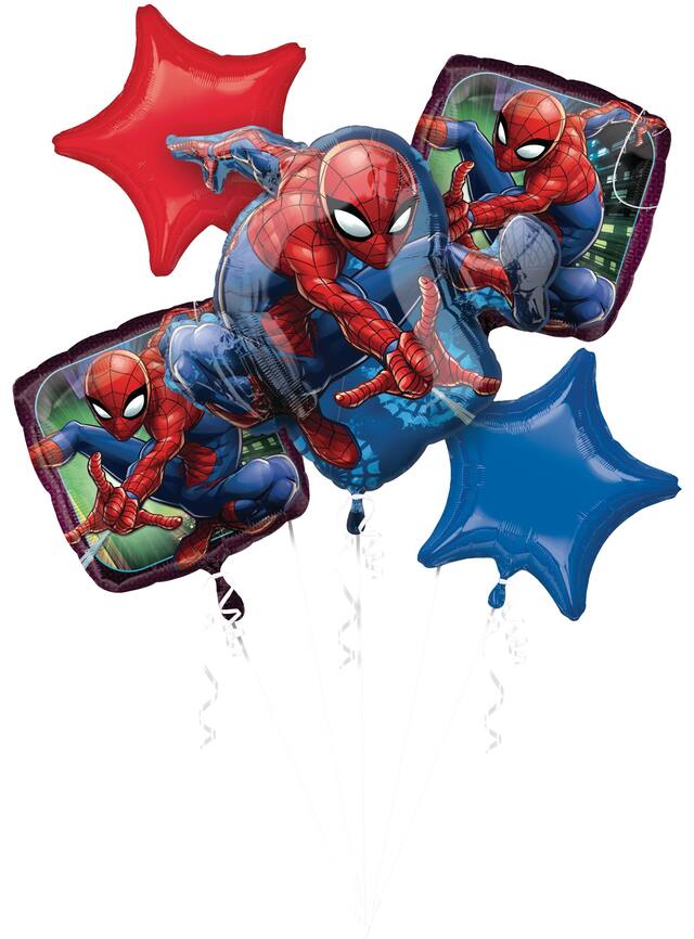 Bouquet de ballons en aluminium étoile/carré rond Disney Marvel Spider-Man, rouge et bleu, paq. 5, gonflement à l'hélium et ruban inclus, pour fête d'anniversaire Front_Flat